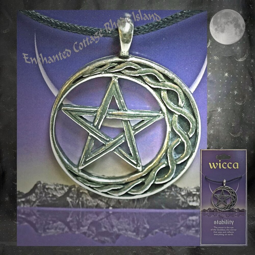 Amulet Wicca 𝗦𝗧𝗔𝗕𝗜𝗟𝗜𝗧𝗬 Pentagram Crescent Moon Pendant + Card & CORD